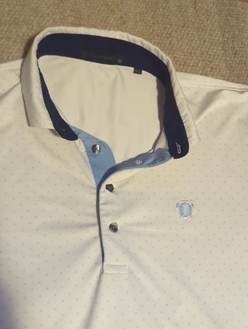 Mens Greyson Blue Polka Dot Golf Polo Size XL SH Country Club Crest logo
